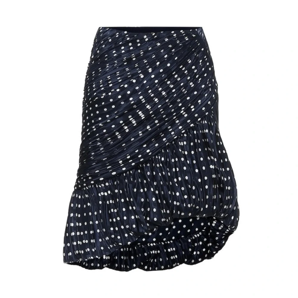 Tory Burch Bubble Skirt Side Ruched Mini in Navy Polka Dot Satin Silk